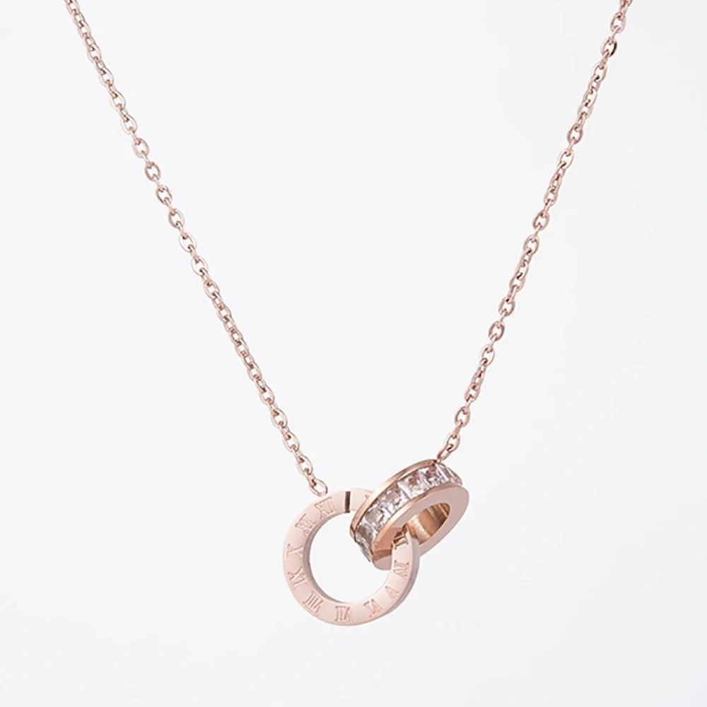 Rose Gold Necklace with Interlocking Rings, Roman Numeral Necklace